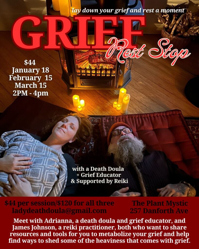 Grief Rest Stop poster with Adrianna and James resting near a fireplace with some candles