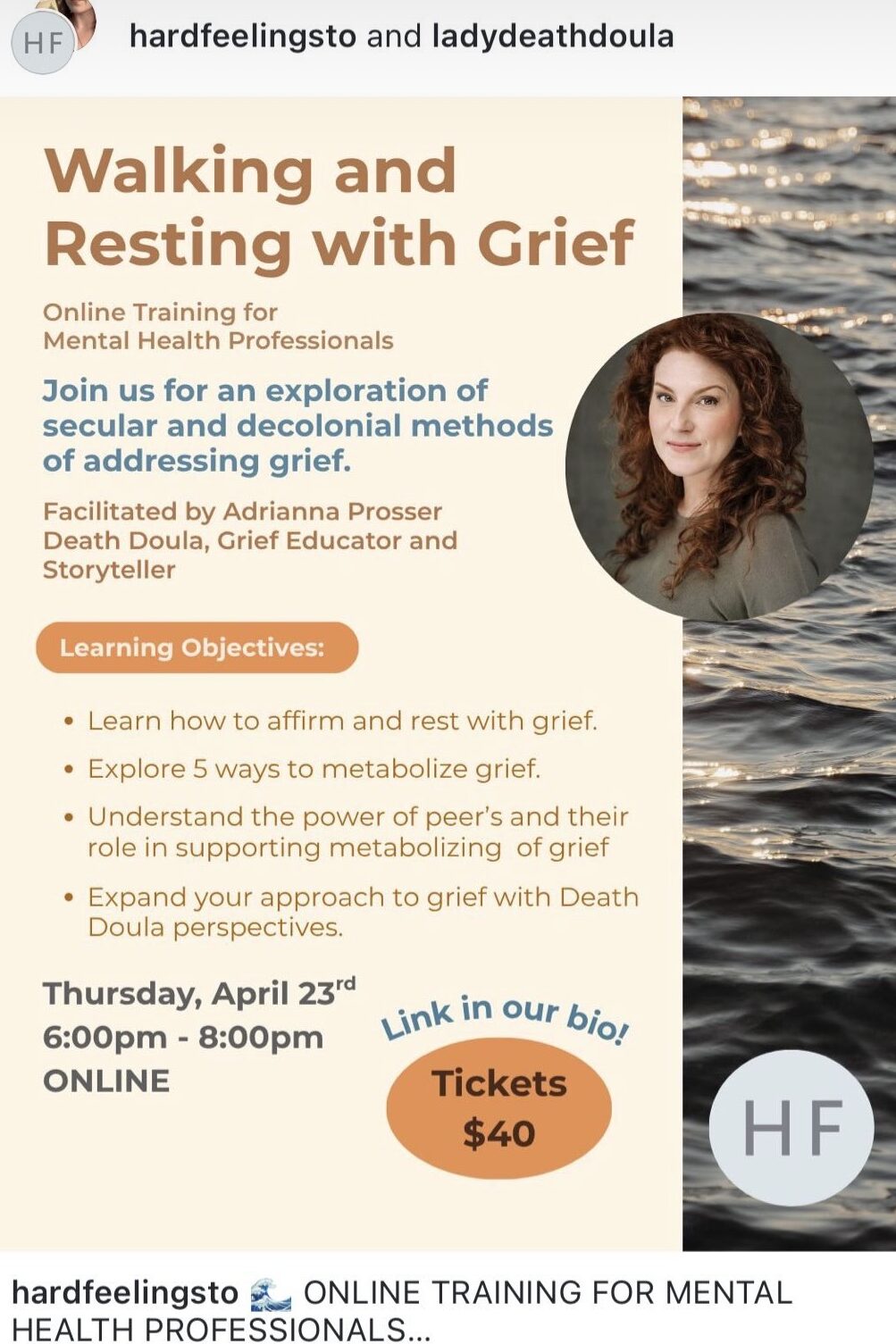 instagram poster for Adrianna's walking and resting with grief workshop with Hard Feelings Toronto